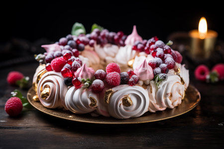 Pavlova cake wreath of french meringue. Dessert, sweetsの素材