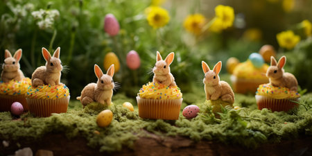 Easter  background. Happy Easter backdrop card. Easter baked. Festive Easter. Tasty Easter cupcakes.の素材