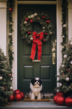 Dog on Christmas door background. Happy new year backdrop. Celebrating winter holidays cardの素材