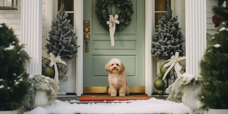 Dog on Christmas door background. Happy new year backdrop. Celebrating winter holidays cardの素材