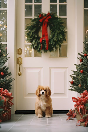 Dog on Christmas door background. Happy new year backdrop. Celebrating winter holidays cardの素材