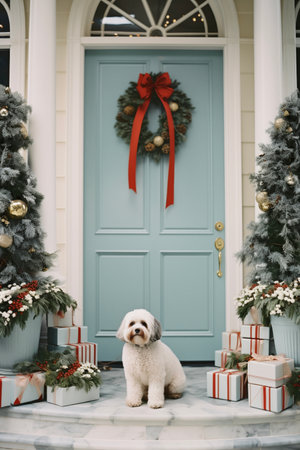Dog on Christmas door background. Happy new year backdrop. Celebrating winter holidays cardの素材