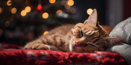 Cat on Christmas bed background. Happy new year backdrop. Celebrating winter holidays cardの素材