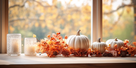 Happy Thanksgiving day traditional backdrop. Pumpkins and flowers background. Celebrating autumn holidaysの素材