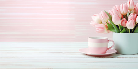 Mother's Day card. International Women's Day. Flowers and cupの素材