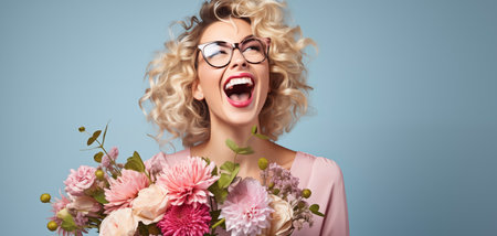 Mother's Day card. International Women's Day. Girl with flowersの素材