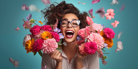 Mother's Day card. International Women's Day. Girl with flowersの素材