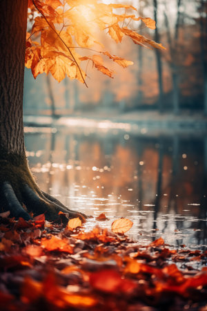 Cozy Autumn backdrop. Falling leaves backdrop. Park, nature, outdoor. Decoration Halloween backgroundの素材