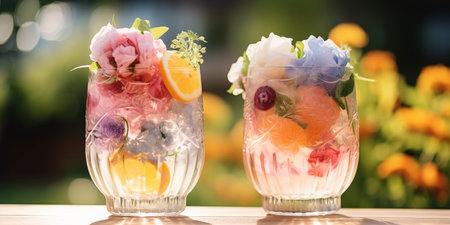 Summertime, vacation. Summer drinks cocktails. Glasses of cocktails on bar background. Bar, kafe, shots. Party time. Celebratingの素材