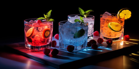 Summertime, vacation. Summer drinks cocktails. Glasses of cocktails on bar background. Bar, kafe, shots. Party time. Celebratingの素材