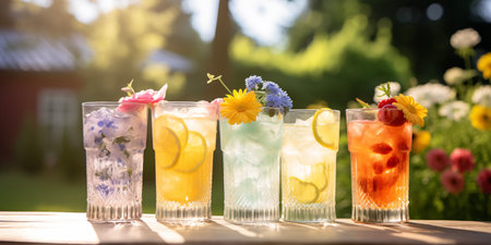 Summertime, vacation. Summer drinks cocktails. Glasses of cocktails on bar background. Bar, kafe, shots. Party time. Celebratingの素材