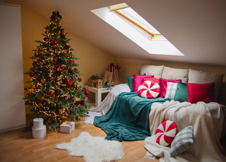 Christmas tree with presents in the interior of a room with a sofaの写真素材