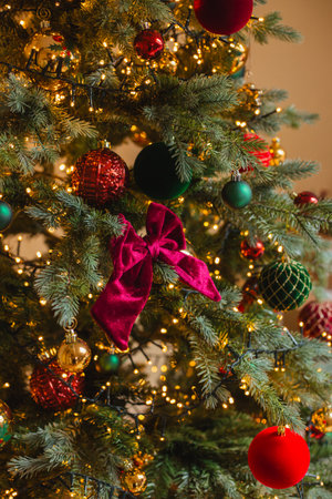 Decorated christmas tree with red and green ornamentsの写真素材