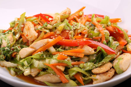 vegetable salad with roast chickenの写真素材