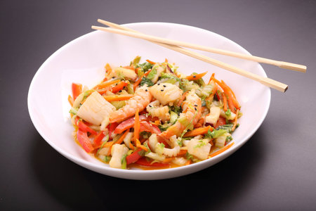 vegetable salad with seafood and soya sauceの写真素材