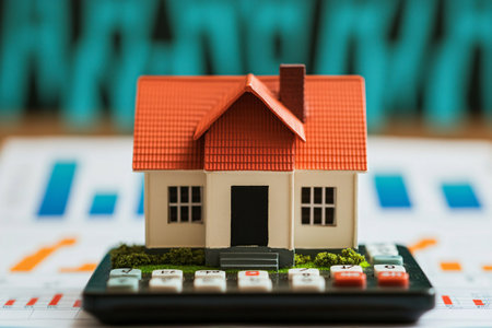 A miniature house model sits on a calculator with financial charts in the background representing the costs and investments associated with home ownership This image is perfect for illustrating concepts related to real estate mortgages and financial planningの素材