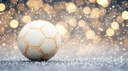 A close-up shot of a wet soccer ball with golden bokeh lights in the background creating a visually appealing and festive backdrop for sports-related designs The wet surface of the ball and the sparkle of the bokeh lights add a touch of magic and excitement to the imageの素材