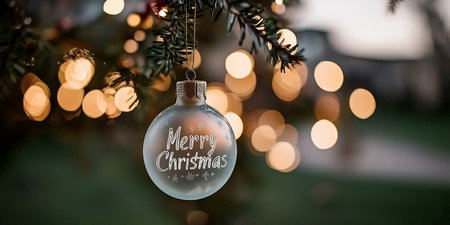 A close-up shot of a frosted glass Christmas ornament with the inscription "Merry Christmas" hanging from a Christmas tree branch The background features warm bokeh lights creating a festive atmosphereの素材