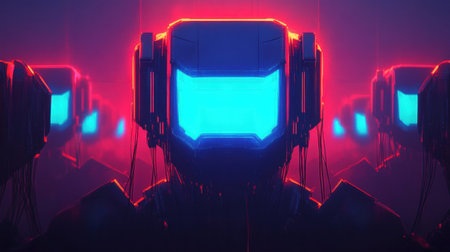 Rows of dark robots with glowing blue faces stand in red neon light This futuristic image evokes themes of AI technology and the metaverseの素材