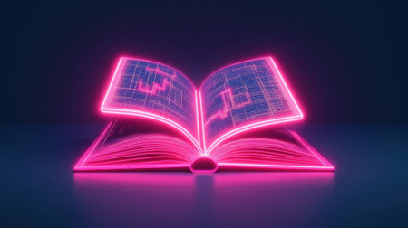A futuristic open book illuminated with vibrant neon pink light displays financial charts symbolizing digital knowledge and financial growth  The image is ideal for concepts related to data education and business successの素材