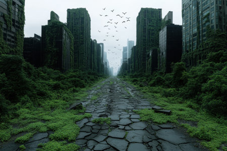 A haunting image of a deserted city overtaken by nature  Overgrown buildings and a cracked road create a post-apocalyptic scene showcasing the power of nature's reclamation  Birds fly overhead adding to the eerie atmosphereの素材