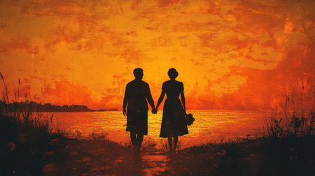 A breathtaking silhouette of a couple holding hands at sunset The fiery orange sky and tranquil ocean create a romantic and peaceful atmosphere ideal for representing love and togetherness  Perfect for websites blogs or printの素材