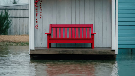 A red wooden bench sits serenely on a flooded deck outside a quaint waterfront cottage The scene is tranquil and evokes a sense of calm amidst the rising waters  The image offers a unique perspective on the interaction of nature and human-made structuresの素材