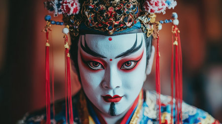 A striking close-up of a Chinese opera performer The intricate makeup elaborate costume and intense gaze highlight the beauty and rich cultural heritage of this art form  The vibrant red tassels add a dynamic elementの素材
