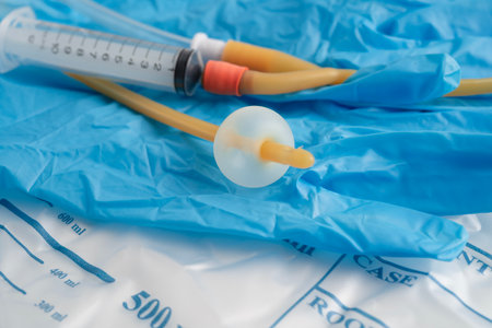 Foley catheter and urine drainage bag collect urine for disability or patient in hospital.の写真素材