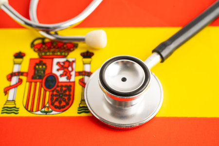 Stethoscope on Spain flag, Business and finance.の写真素材