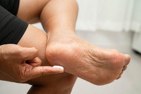 Asian woman applying moisturizing cream skincare treatment to solve and repair feet with crack and dry heel skin.の写真素材