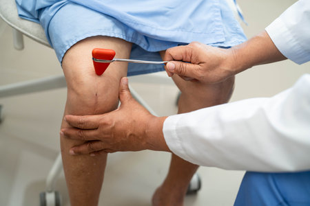 Doctor neurologist testing reflex knee with hammer and show Asian senior scars surgical total knee...