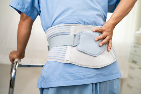 Asian woman patient wearing back pain support belt for orthopedic lumbar with walker.
