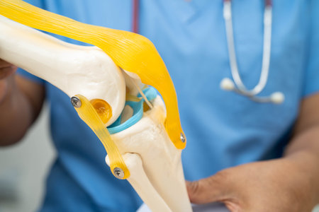 Asian doctor present knee joint model for elderly patient to surgery orthopedic.の写真素材