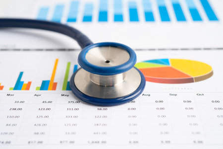 Stethoscope on graph, Finance, economy business data.の写真素材
