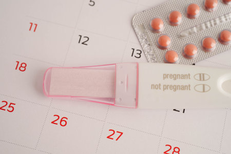 Pregnancy test with birth control pills for female of ovulation day, fetus, maternity, childbirth.の写真素材