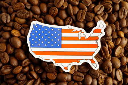 America flag on coffee beans, shopping online for export or import food product.の写真素材