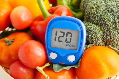 Digital glucose meter food for check sample blood sugar level to treatment diabetes with vegetable and fruit healthy.の写真素材