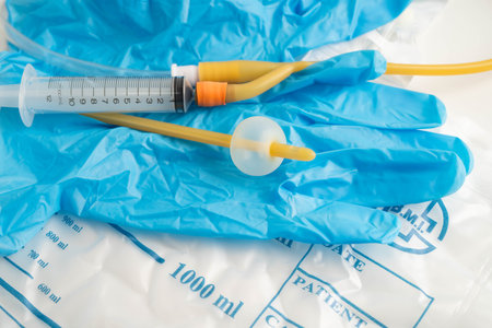 Foley catheter and urine drainage bag collect urine for disability or patient in hospital.の写真素材
