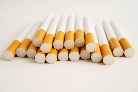 Cigarette, roll tobacco in paper with filter tube.