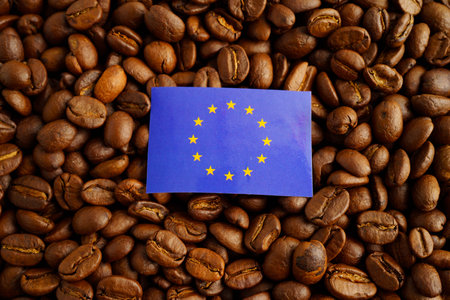 EU flag on coffee beans, shopping online for export or import food product.の写真素材