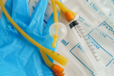 Foley catheter and urine drainage bag collect urine for disability or patient in hospital.の写真素材