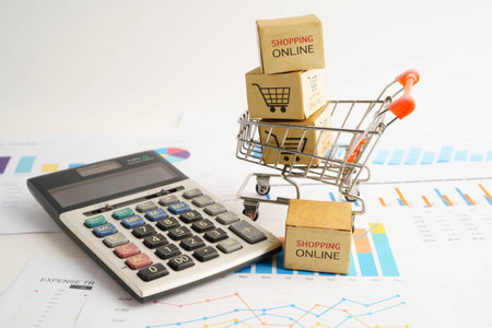 Online shopping, Shopping cart box on business graph, import export, finance commerce.の写真素材