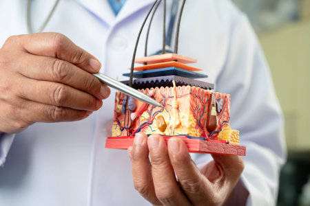 Hair transplant, Asian dermatologist doctor holding skin structure anatomy model for treatment in...