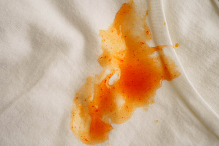 Dirty tomato sauce stain removal or ketchup on cloth accident to wash with washing powder, cleaning housework.の写真素材