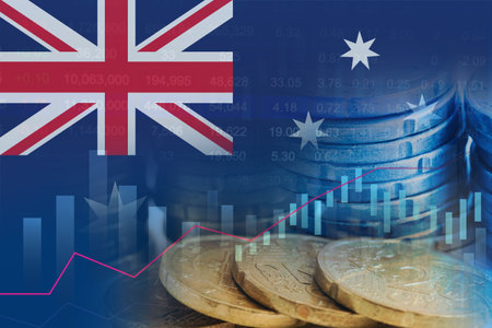 Flag on stock investment trading with coin and graph.の写真素材