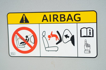 Bangkok, Thailand March 16, 2025  Airbag safety warning sticker in car.の写真素材