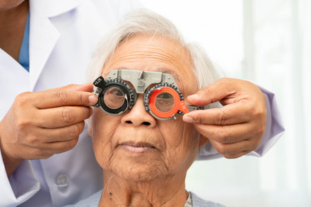 Asian senior woman wearing ophthalmic vision eye test and using optical trial frame.