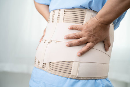 Asian senior pain back wearing elastic support belt with walker.の写真素材