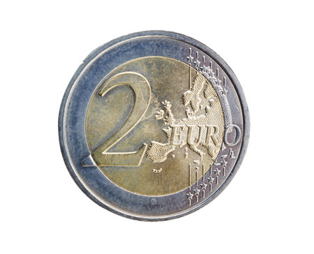 2 Euro coins money isolated on white background with clipping path.の写真素材